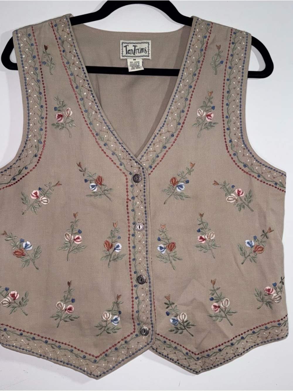 TanTrums Embroidered Floral Vest Medium Button Front Beige Cotton